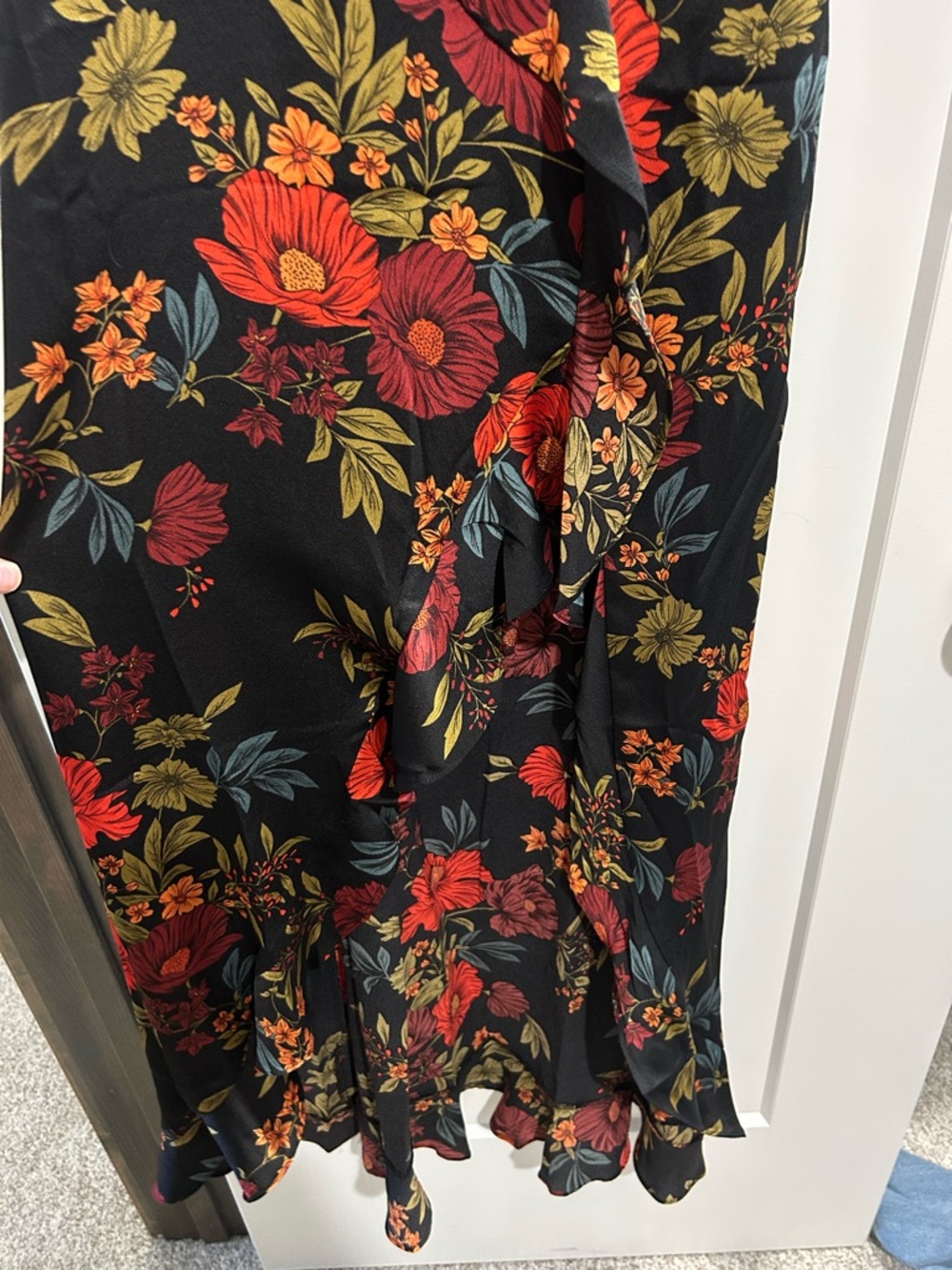 Floral V-Neck Black Maxi Dress with Red & Green Print - Picture 2 of 4